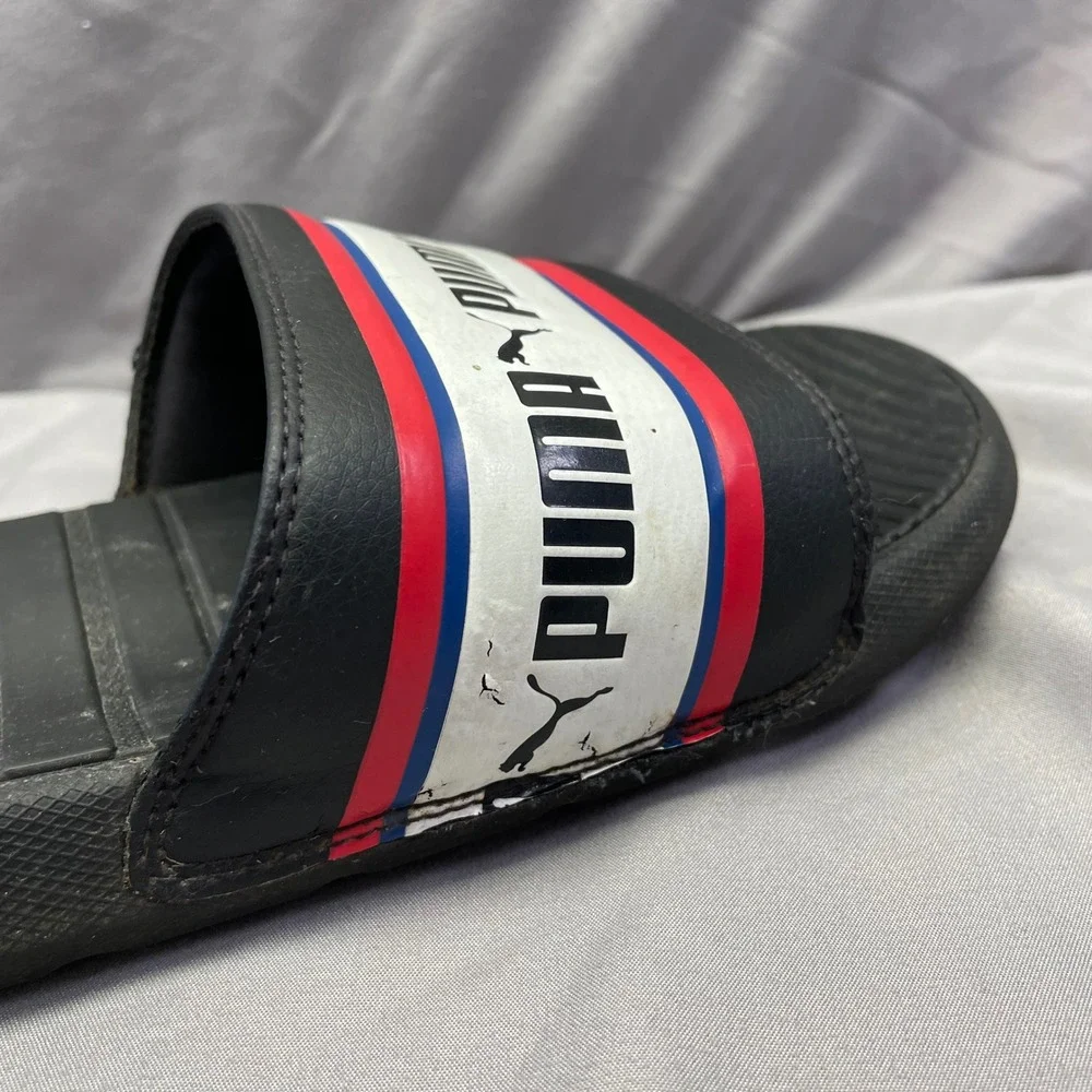 Puma Cool Cat Mens Slides Black‎ Red White Blue Logo Sandals US 11
